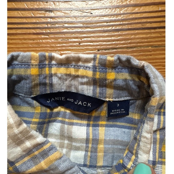 Janie and Jack Plaid Button Down Kids Blue Yellow Excellent Short Sleeve SIZE 3 - Picture 3 of 5